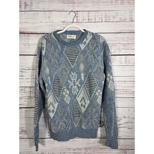 Vintage Jantzen Sweater USA Blue Cream Textured Knit Grandpa 90s Geometric Men M